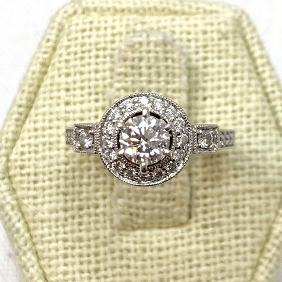 18K White Gold Natural Diamond Engagement Ring Halo Design Filigree Shoulders Ri - Picture 7 of 16